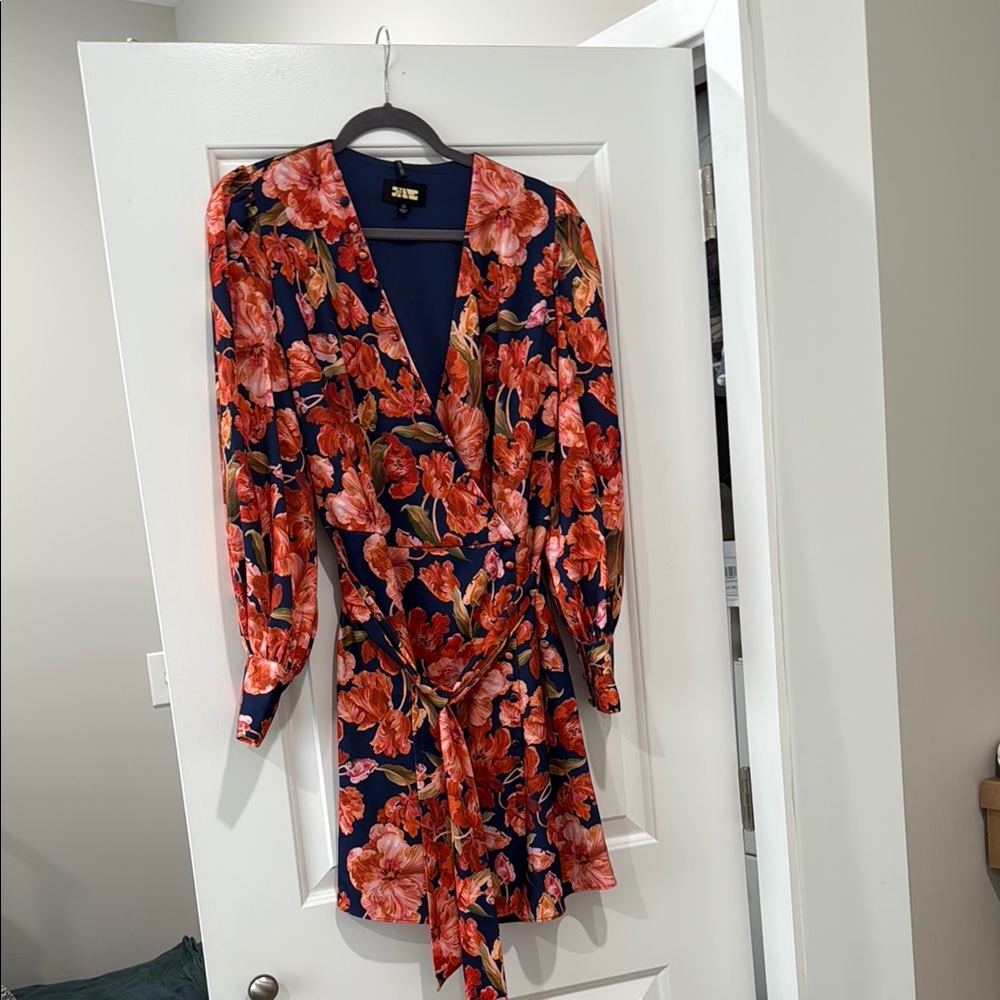 Alexia Admor Navy Floral Long Sleeve Wrap Dress with Red/Coral Flowers